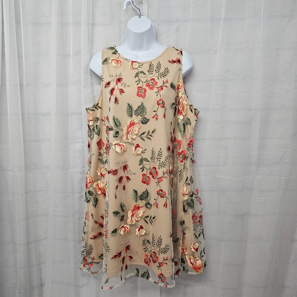 Beige by Eci Dress Mesh Floral Fairy Embroidered Shift Boho XL
